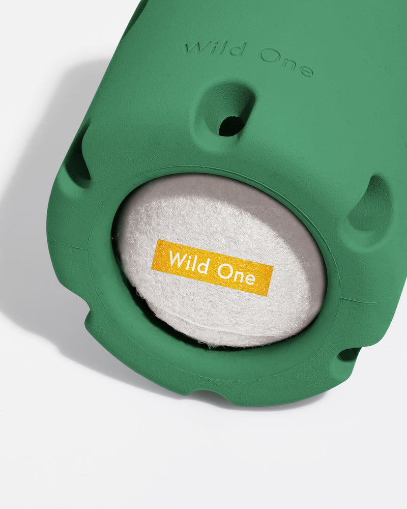 Close up of Wild One Spruce (green) puzzle toy with removable tennis ball inside